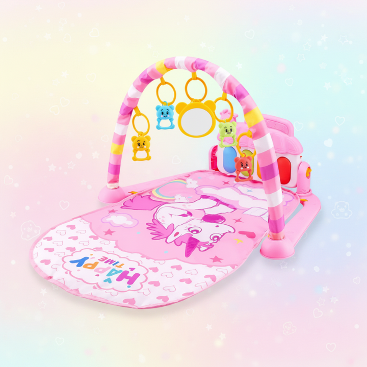 Pink baby play gym with a unicorn-print mat, hanging animal rattles, and a round mirror