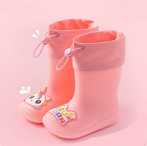 Pink unicorn rain boots with matching drawstring cuffs