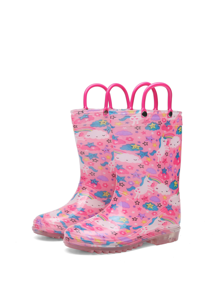 Pair of pink unicorn-print rain boots with pink pull-on loops