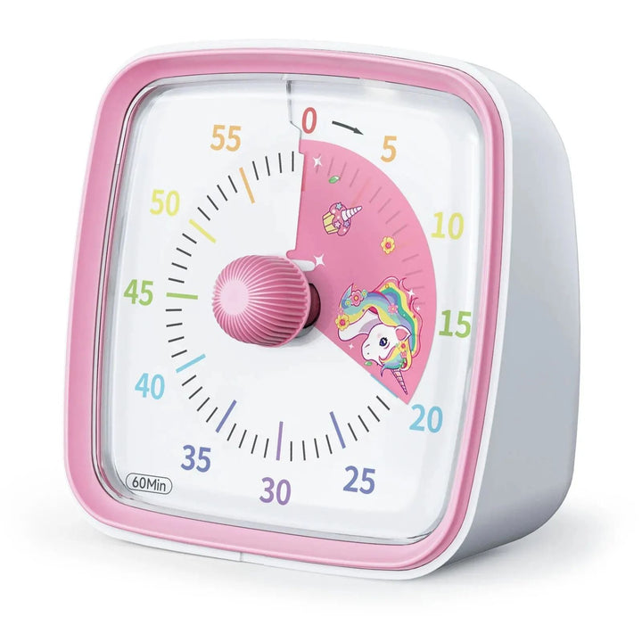 Pink visual timer with unicorn graphics, a front rotary knob, and colorful minute markings