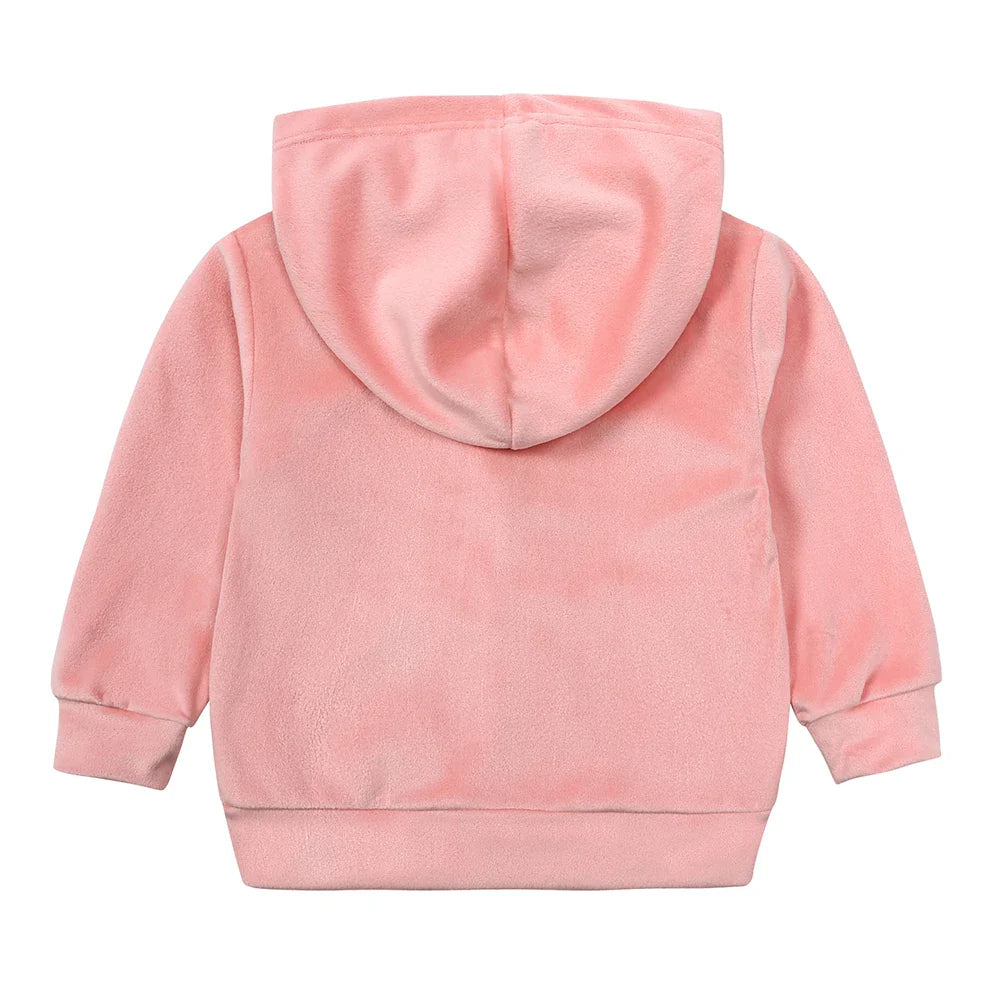 Back of a pink velvet hoodie showing the hood, sleeve cuffs, and hem