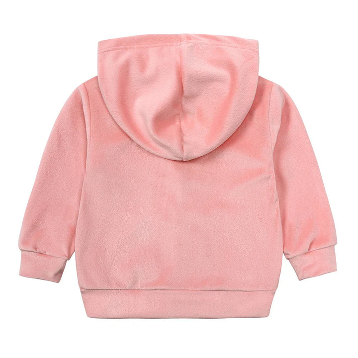 Back of a pink velvet hoodie showing the hood, sleeve cuffs, and hem