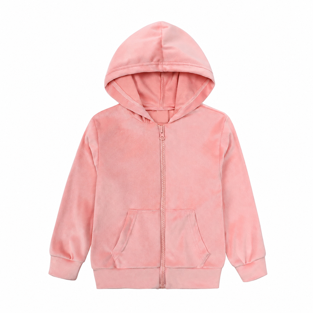Front of a pink velvet zip-up hoodie with split front pockets