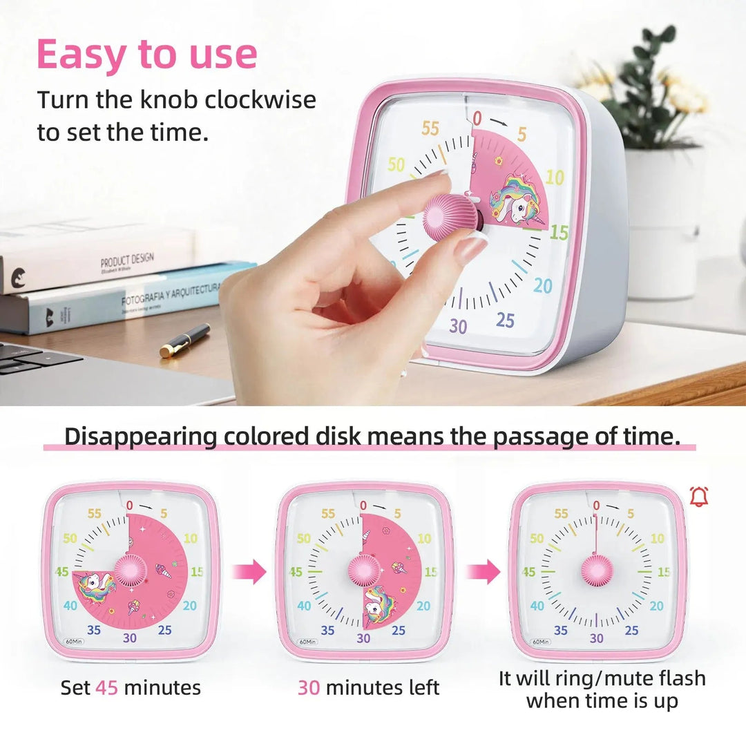 Hand turning a pink visual timer knob above a diagram showing the colored countdown disk shrinking