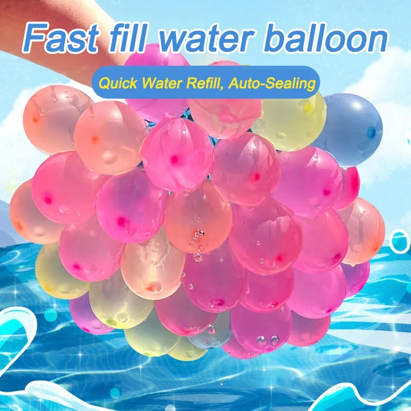 Bunch of filled pink, yellow, and blue water balloons attached to filling tubes