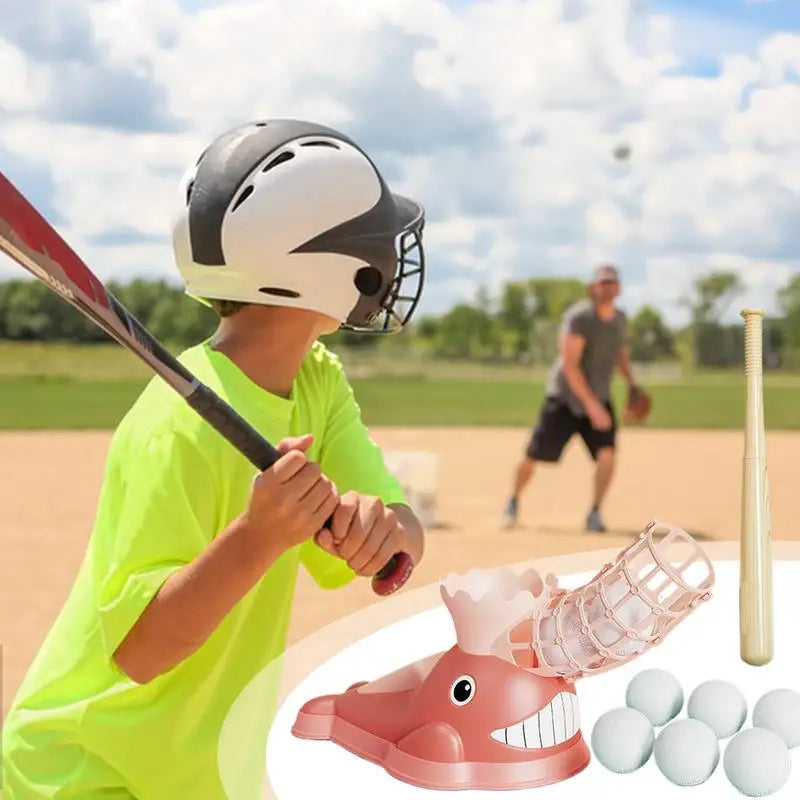 Young batter on a baseball field with a pink whale-shaped pitching set in the foreground