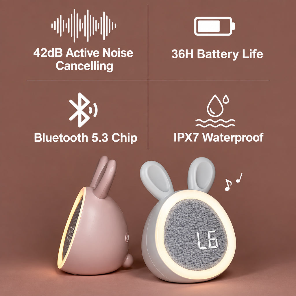 Pink and white bunny alarm clocks shown from the side and front