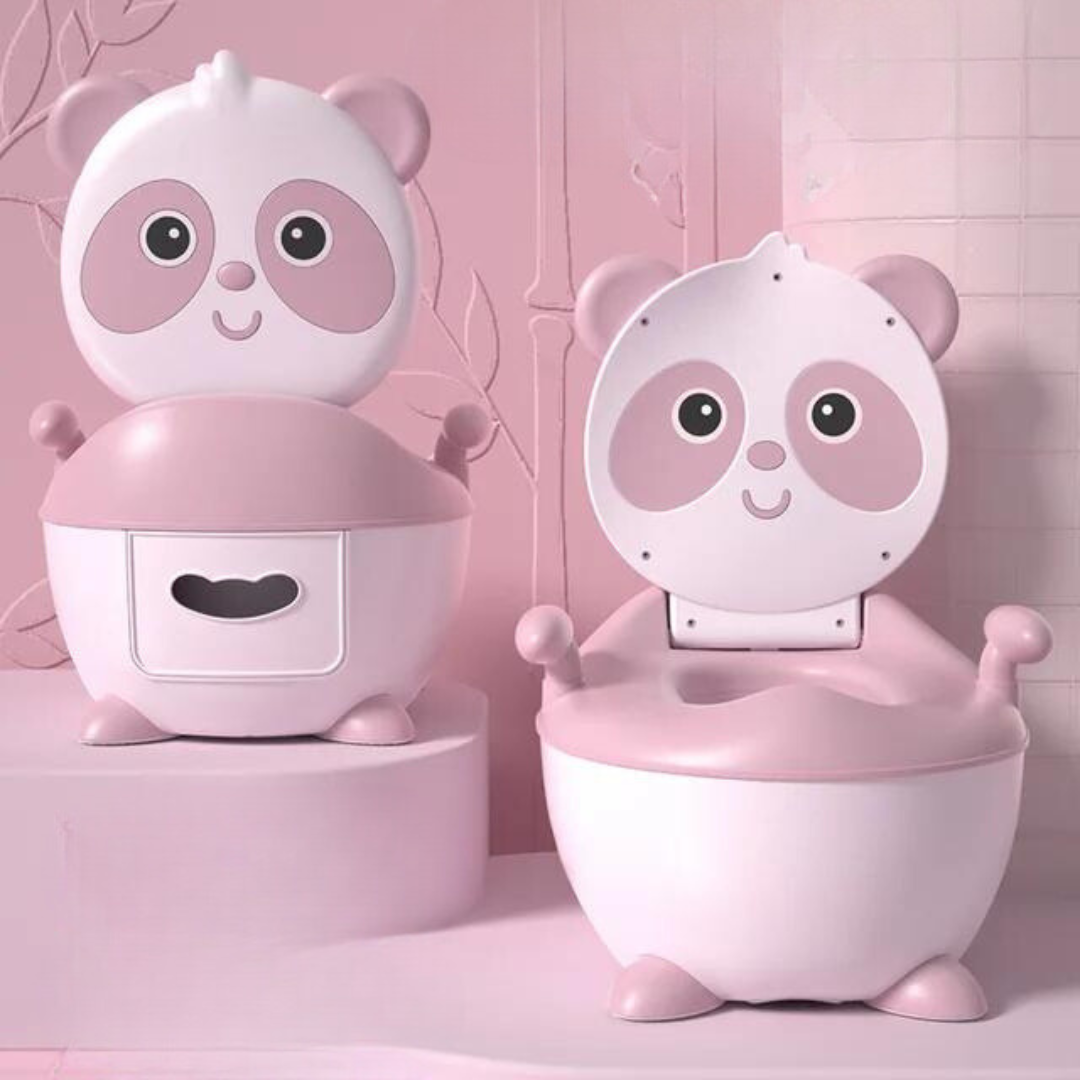 Pink and white panda potty chairs with the seat lid open and closed