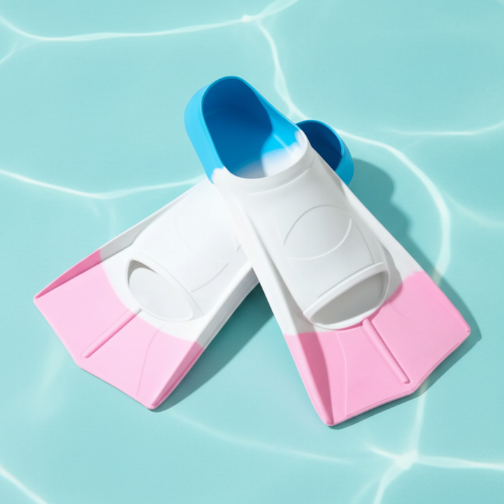 Pink and white short swim fins with blue heel openings on a water-patterned background.