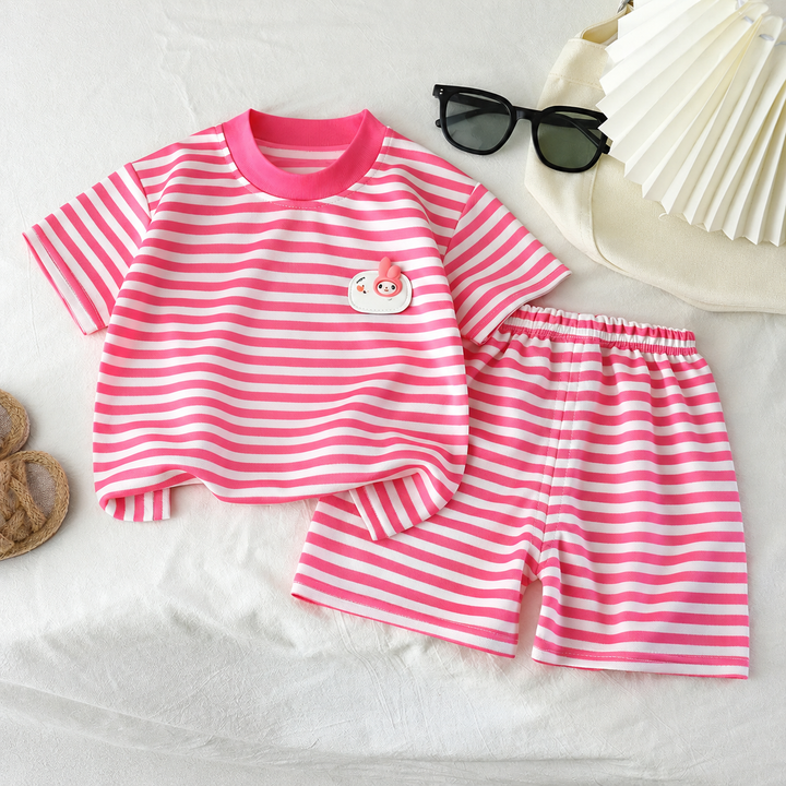 Pink-and-white striped T-shirt with a bunny chest patch and matching shorts.