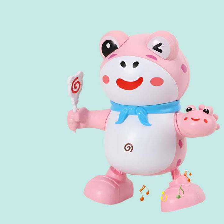 Pink frog toy with a winking face, blue scarf, and small frog detail
