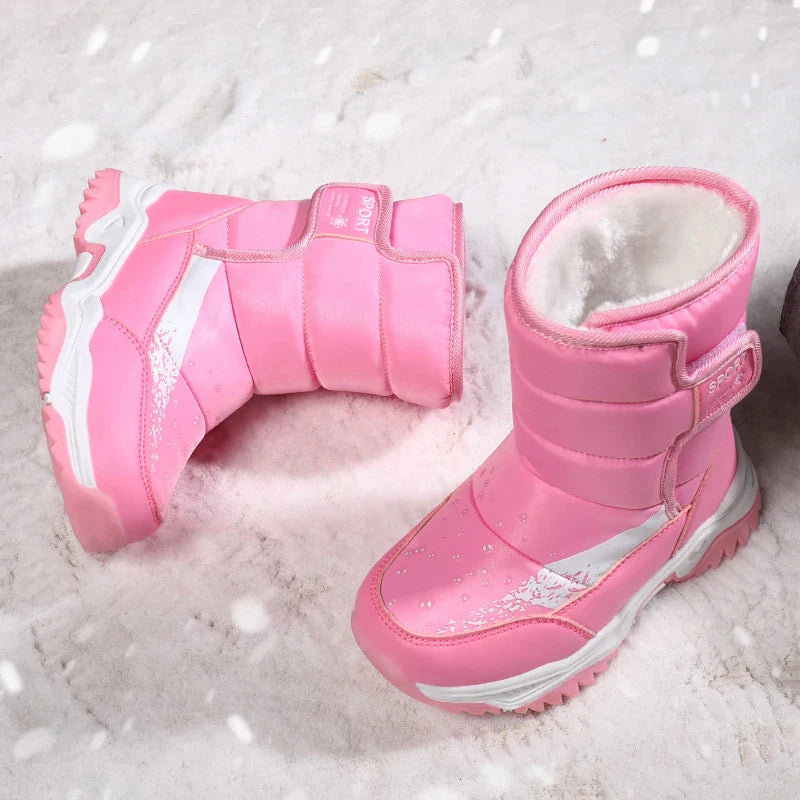 Pink winter boots shown from above with white plush lining visible at the openings