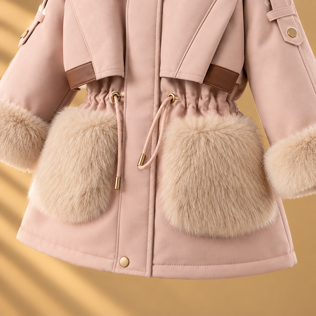 Drawstring waist and two large plush front pockets on the pink winter coat