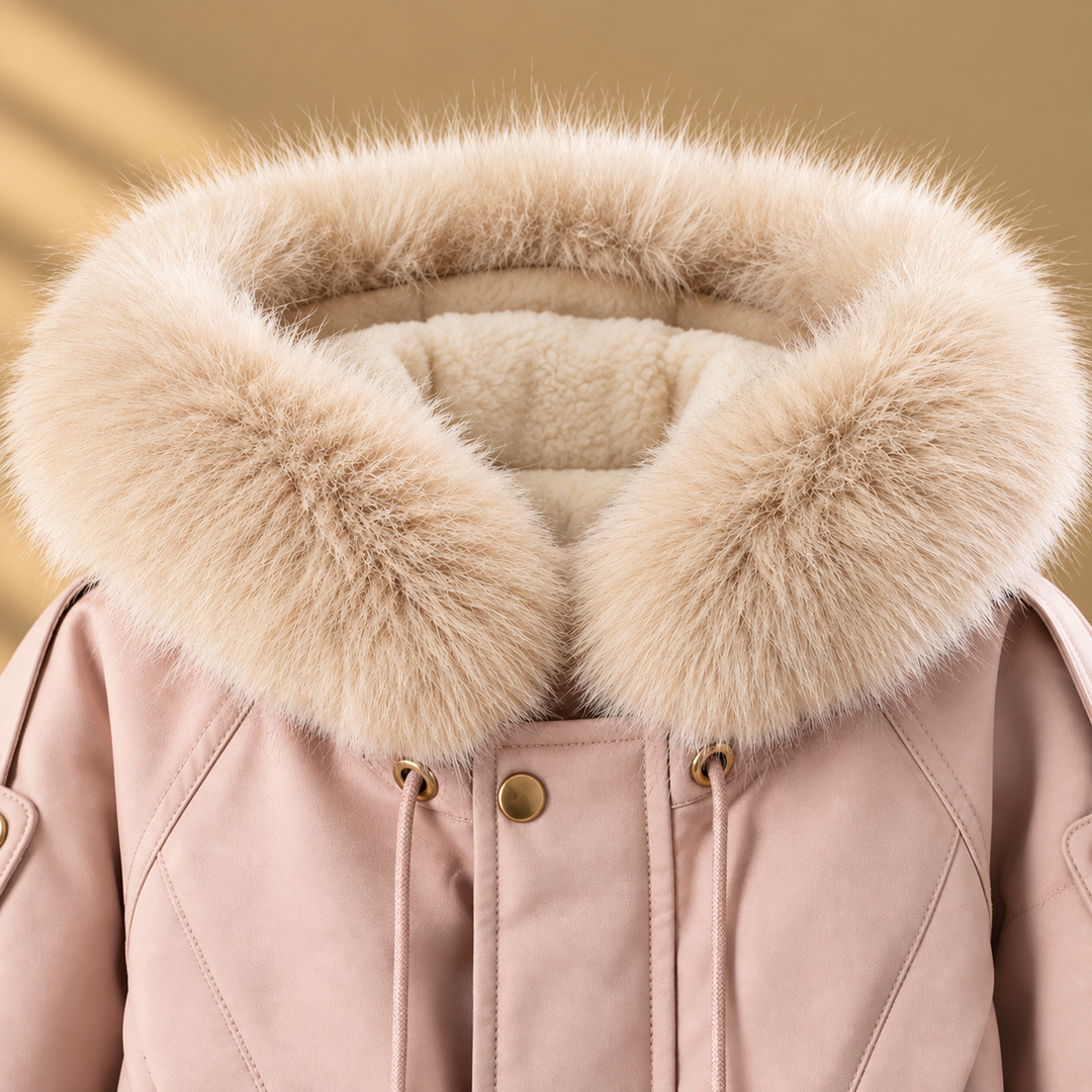 Close-up of the wide plush collar and neckline on the pink girls&