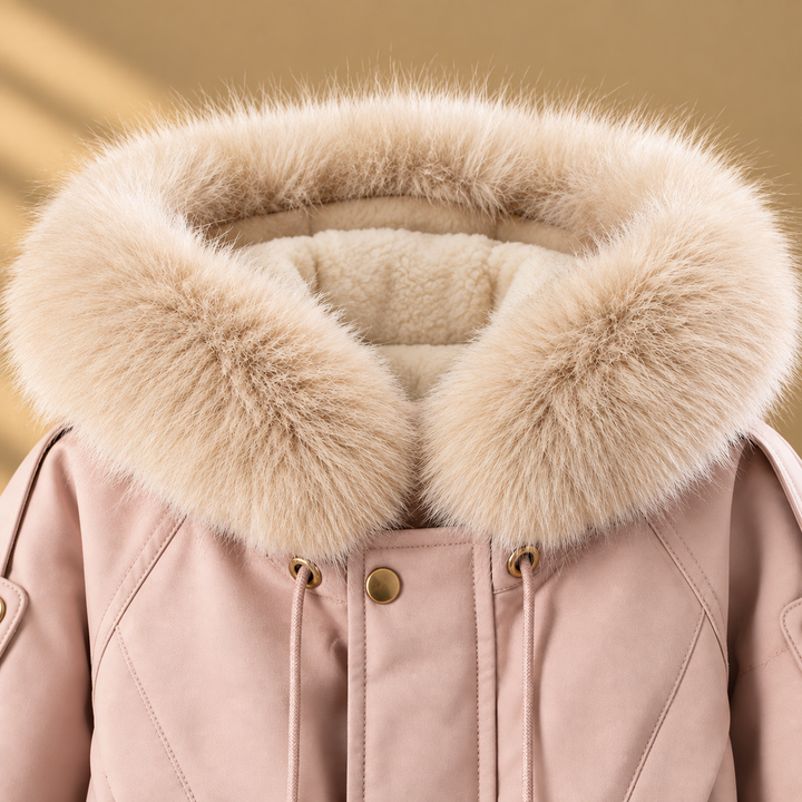 Close-up of the wide plush collar and neckline on the pink girls&