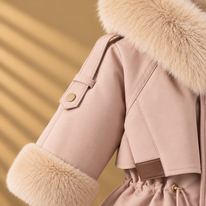 Pink winter coat sleeve with a plush cuff and buttoned shoulder tab