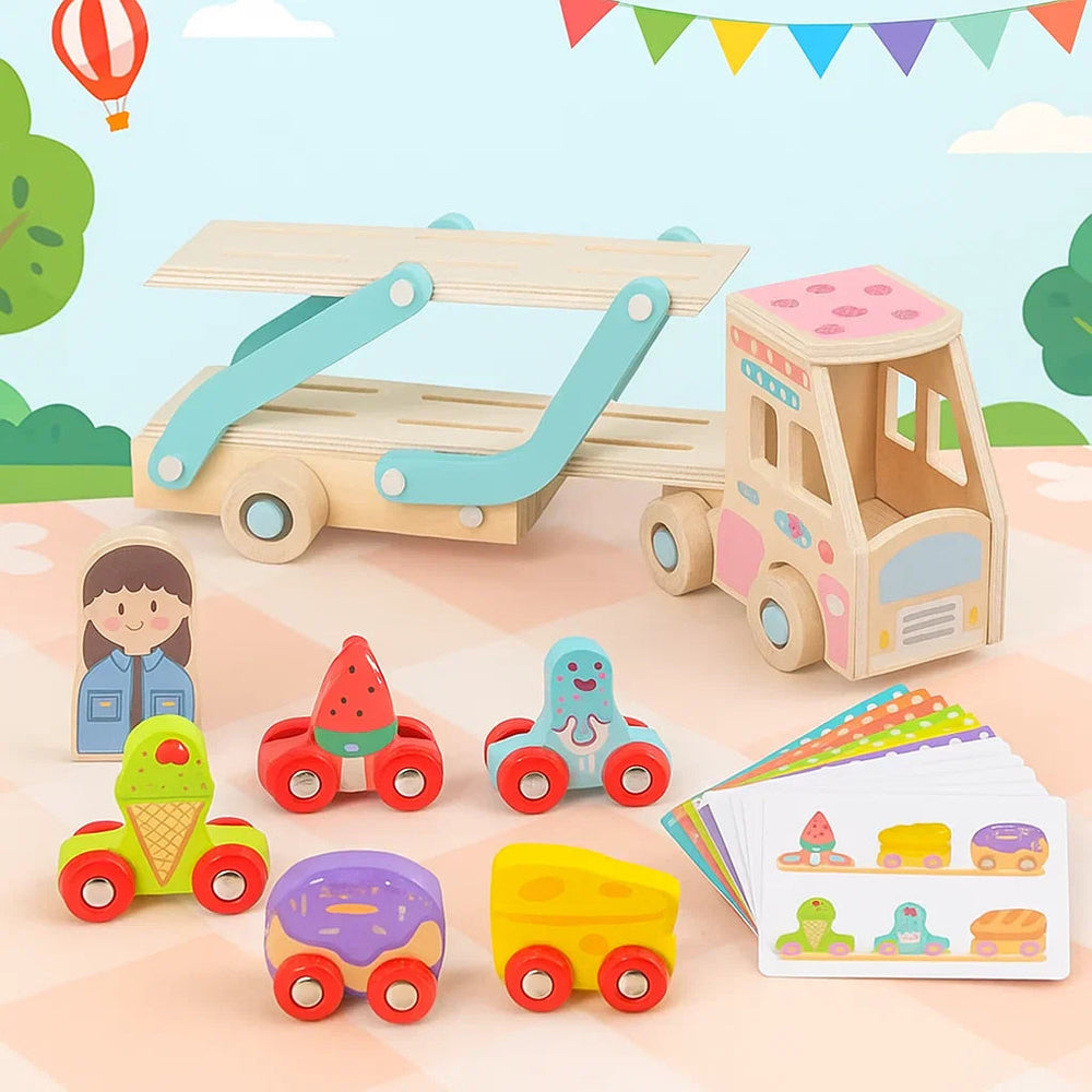Pink wooden carrier truck with food-themed vehicles, a driver figure, and matching cards.
