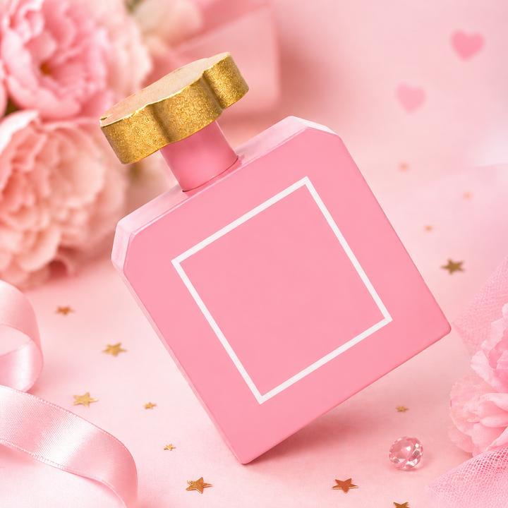 Pink wooden pretend perfume bottle with a gold-colored cap