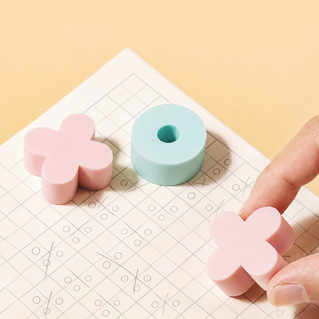 Pink X and mint O erasers on pencil-marked grid paper.