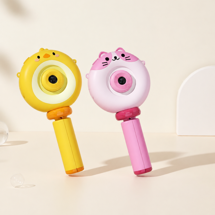 Yellow and pink animal-shaped cameras with handles, shown at an angle