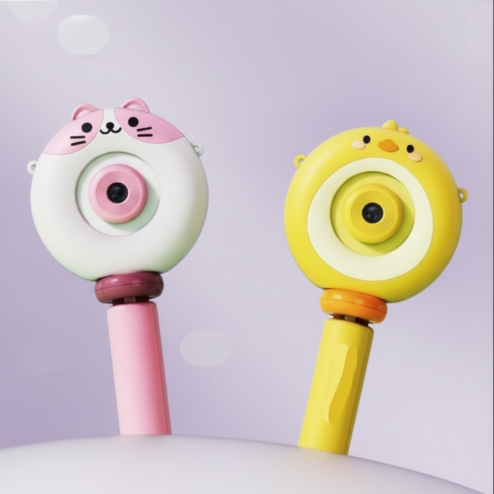 Pink cat and yellow chick cameras standing upright with their tripod grips folded
