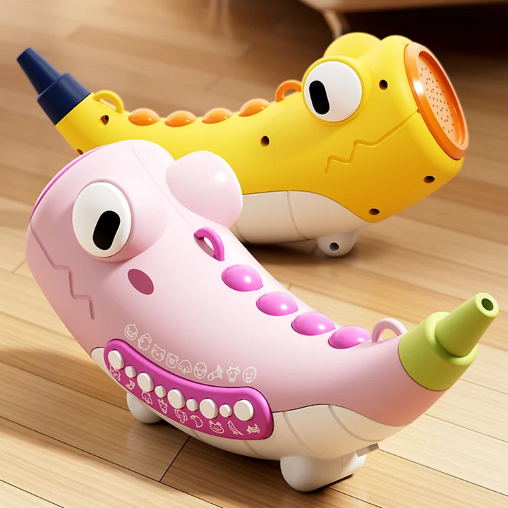 Pink and yellow crocodile-shaped sound toys on a wooden floor