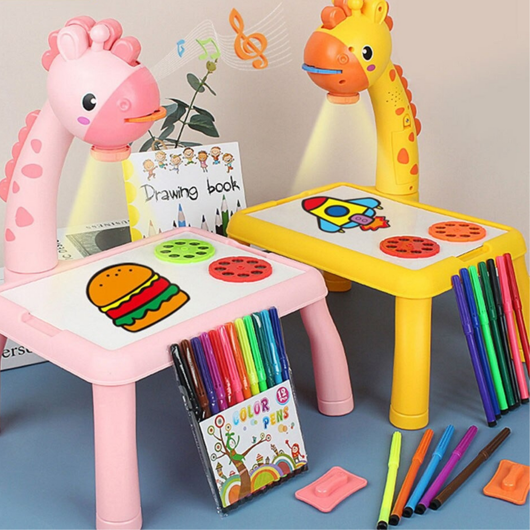 Pink and yellow giraffe drawing projectors with projected pictures, coloring pencils and a drawing book