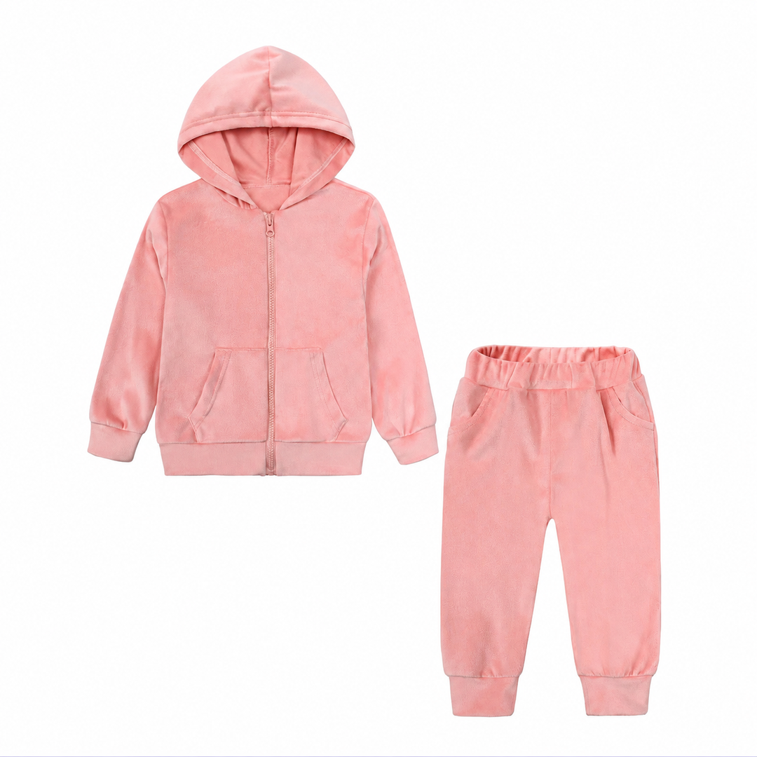 Pink zip-up hoodie and matching elastic-waist pants on a white background