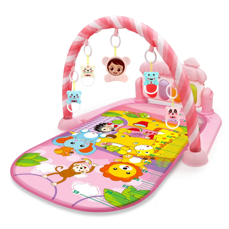 Pink zoo animal baby gym with a striped arch and colorful printed mat