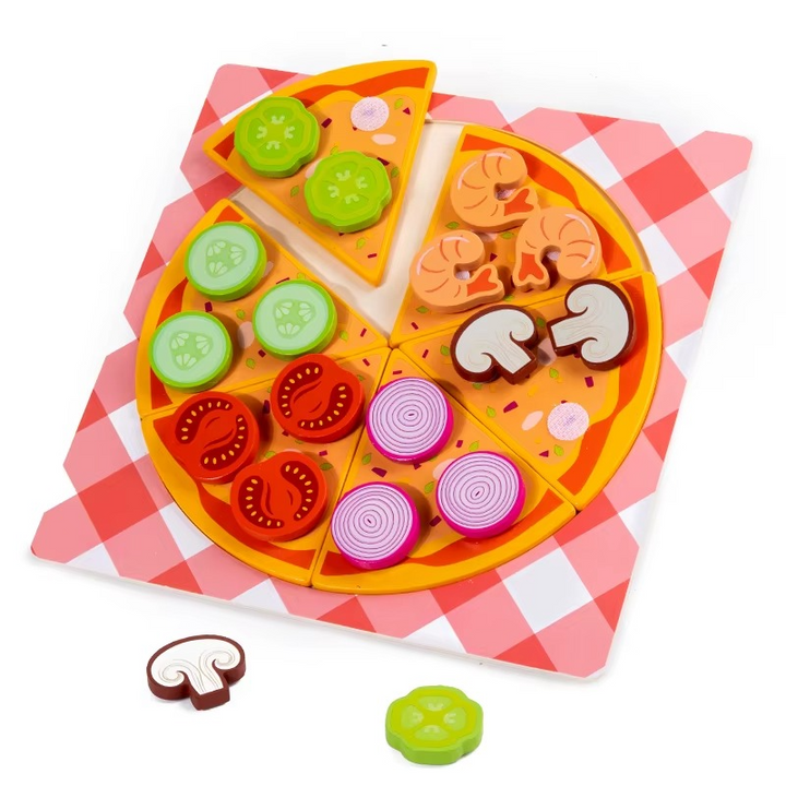 Pizza play board with removable vegetable toppings and a raised slice