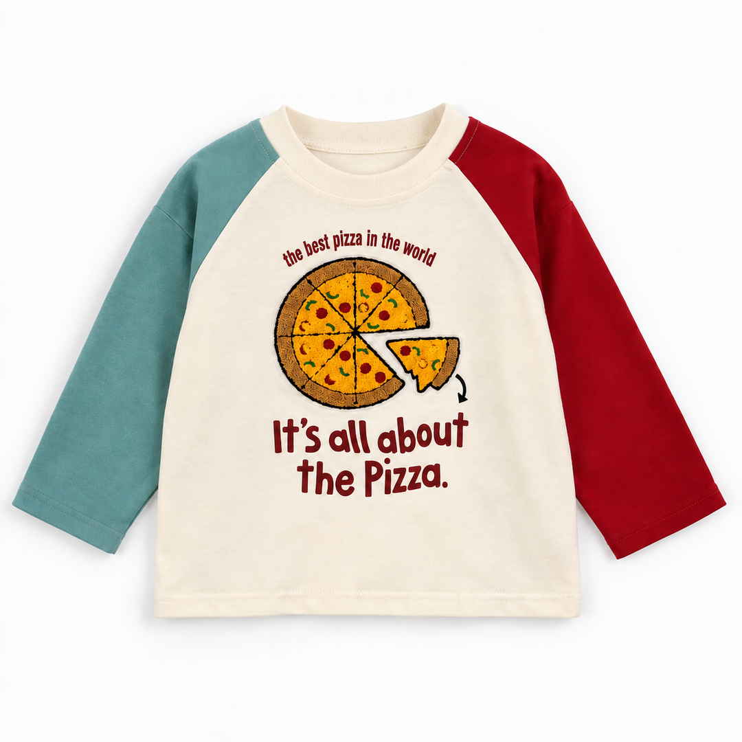 Cream pizza graphic long-sleeve shirt with teal and red raglan sleeves