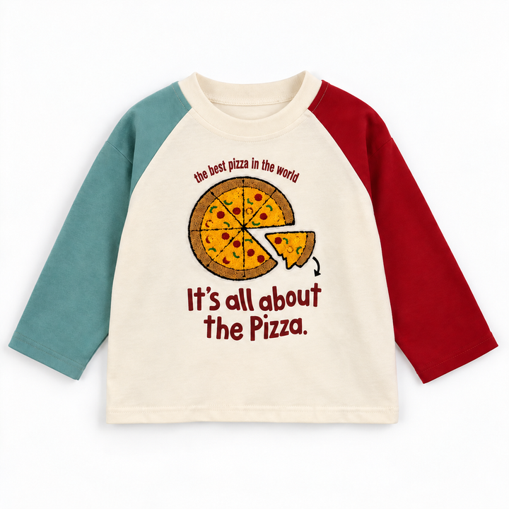 Cream pizza graphic long-sleeve shirt with teal and red raglan sleeves