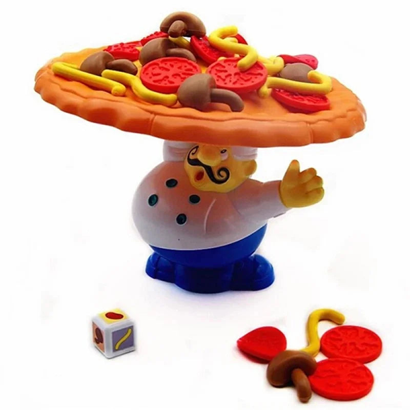 Pizza balancing game with chef base, topped pizza tray, a die, and loose topping pieces