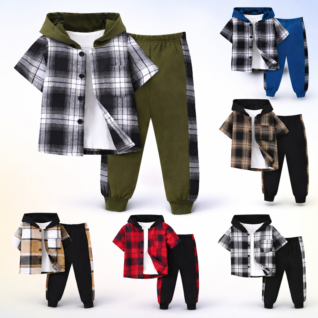 Six plaid short-sleeve hooded tops paired with coordinating pants in a flat-lay collection