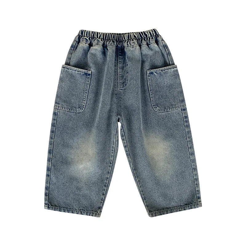 Plain blue straight-leg jeans with an elastic waistband and two front patch pockets