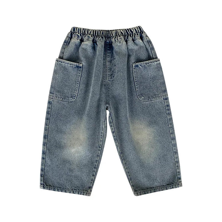 Plain blue straight-leg jeans with an elastic waistband and two front patch pockets
