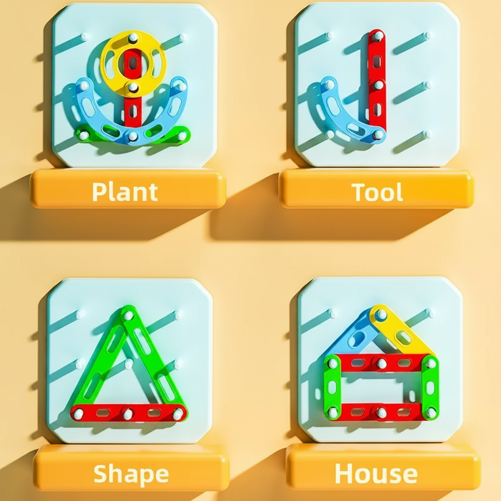 Plant, tool, triangle, and house designs made with colorful pegboard pieces