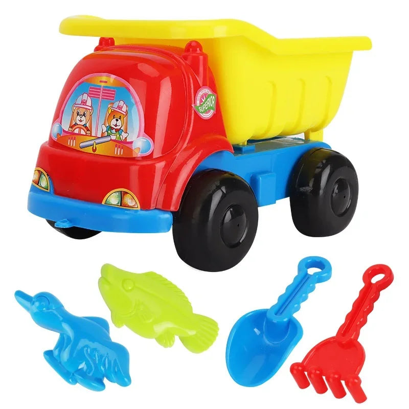 Red, yellow, and blue toy dump truck with a shovel, rake, and two sand molds.