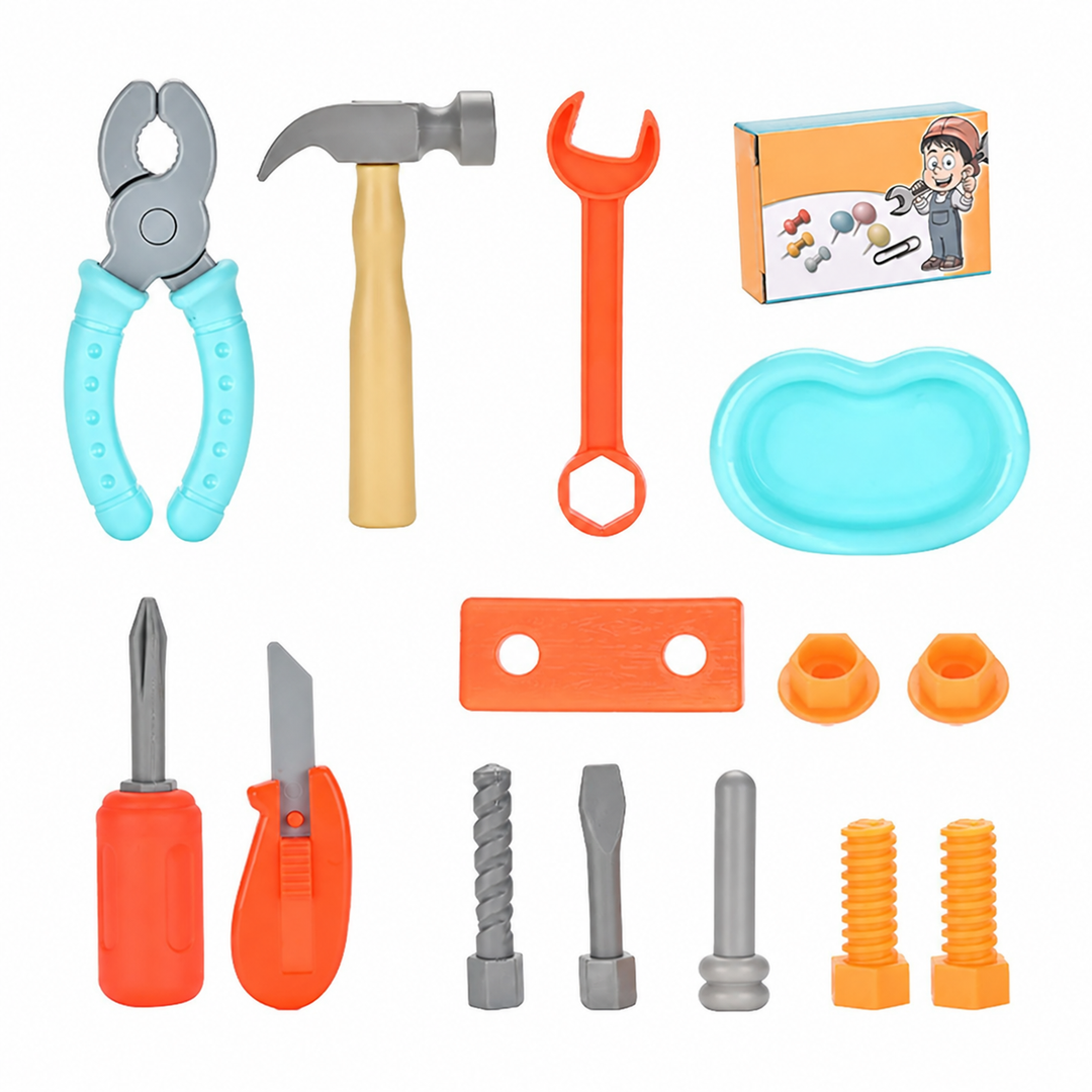 Toy pliers, hammer, wrench, screwdriver, and assorted pretend repair accessories