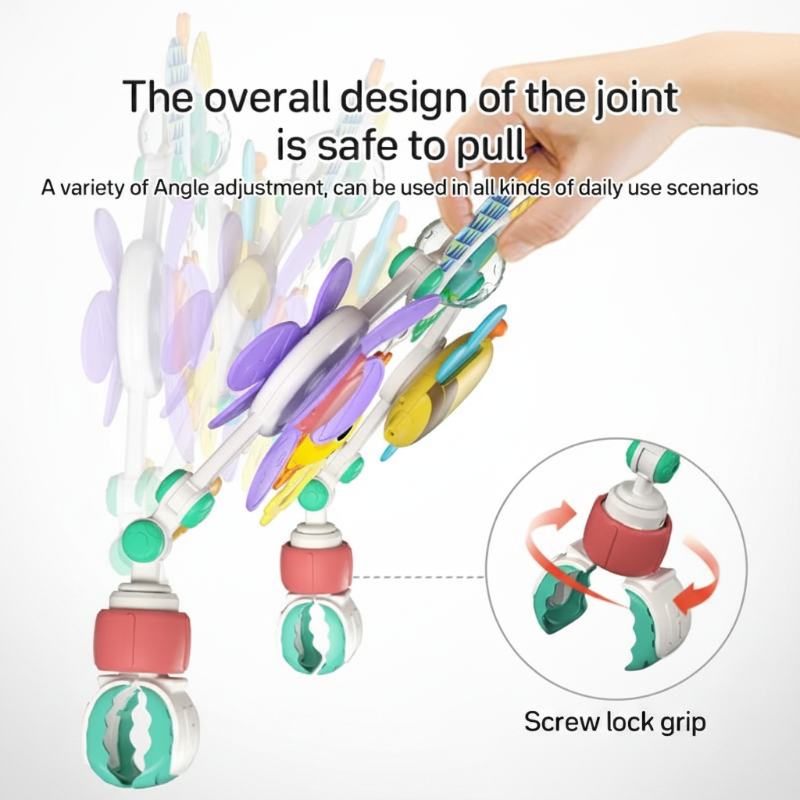 Adjustable play arch joints and a close-up of the screw-lock clamp