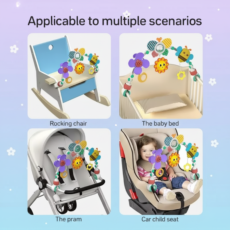 Baby play arch shown on a rocker, crib, stroller, and infant car seat