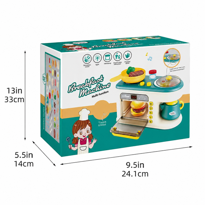Play kitchen packaging with box dimensions of 9.5 x 5.5 x 13 inches
