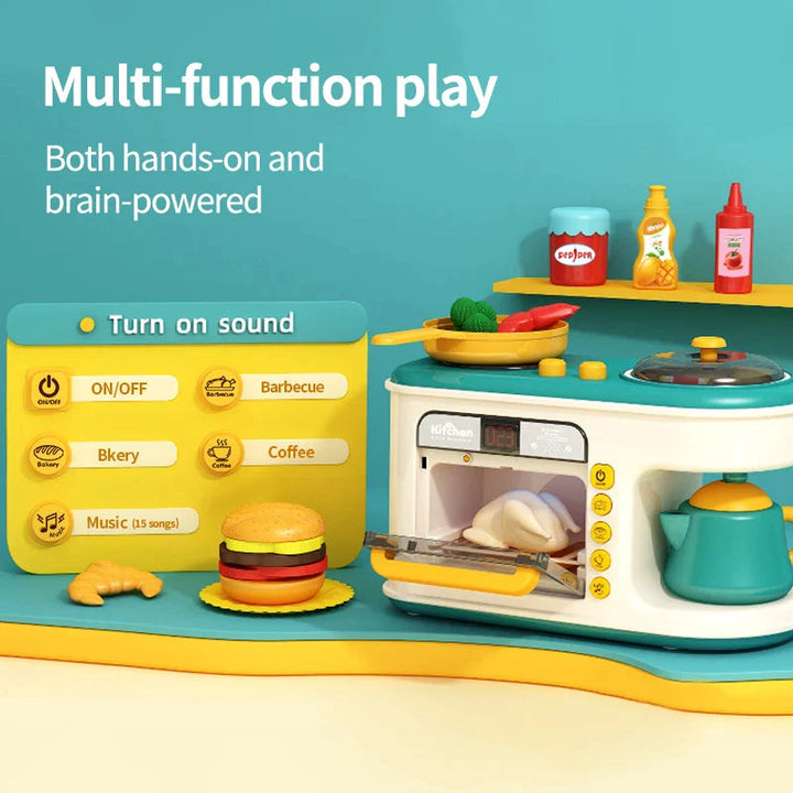 Play kitchen with illustrated sound controls, an open oven, and pretend meal accessories