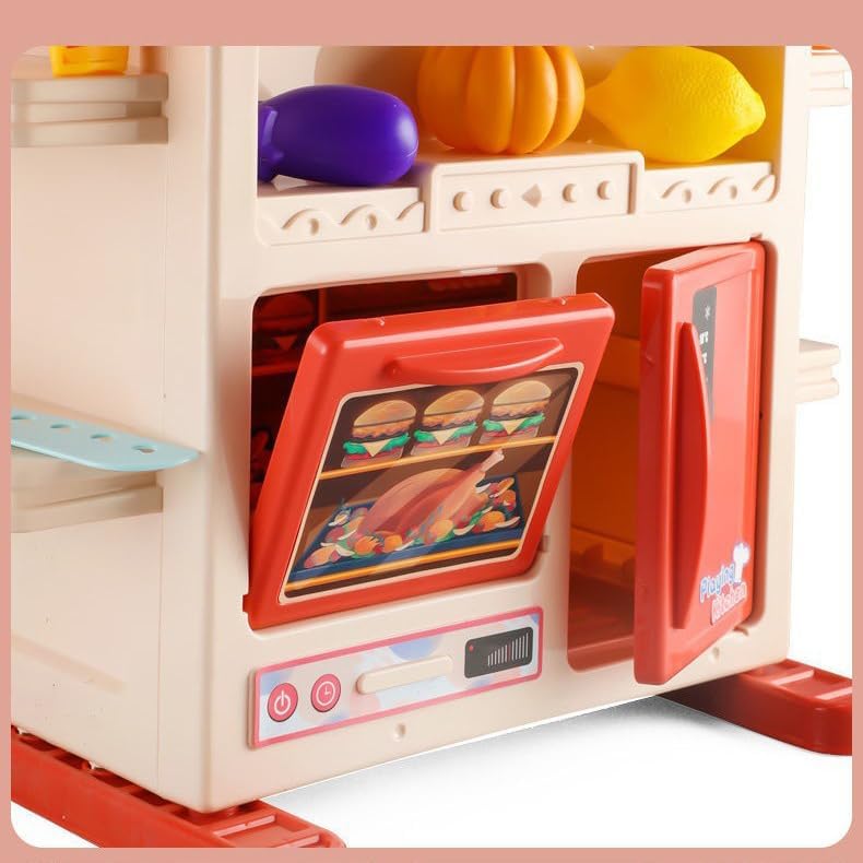 Open pretend oven and refrigerator doors beneath the play kitchen&