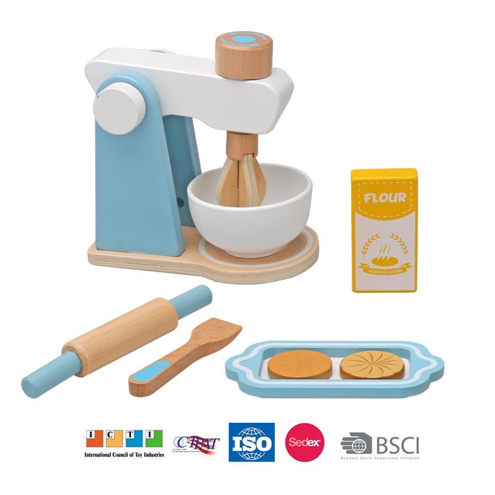 Wooden play mixer with bowl attached, rolling pin, spoon, pretend flour carton, and a tray holding two toy cookies