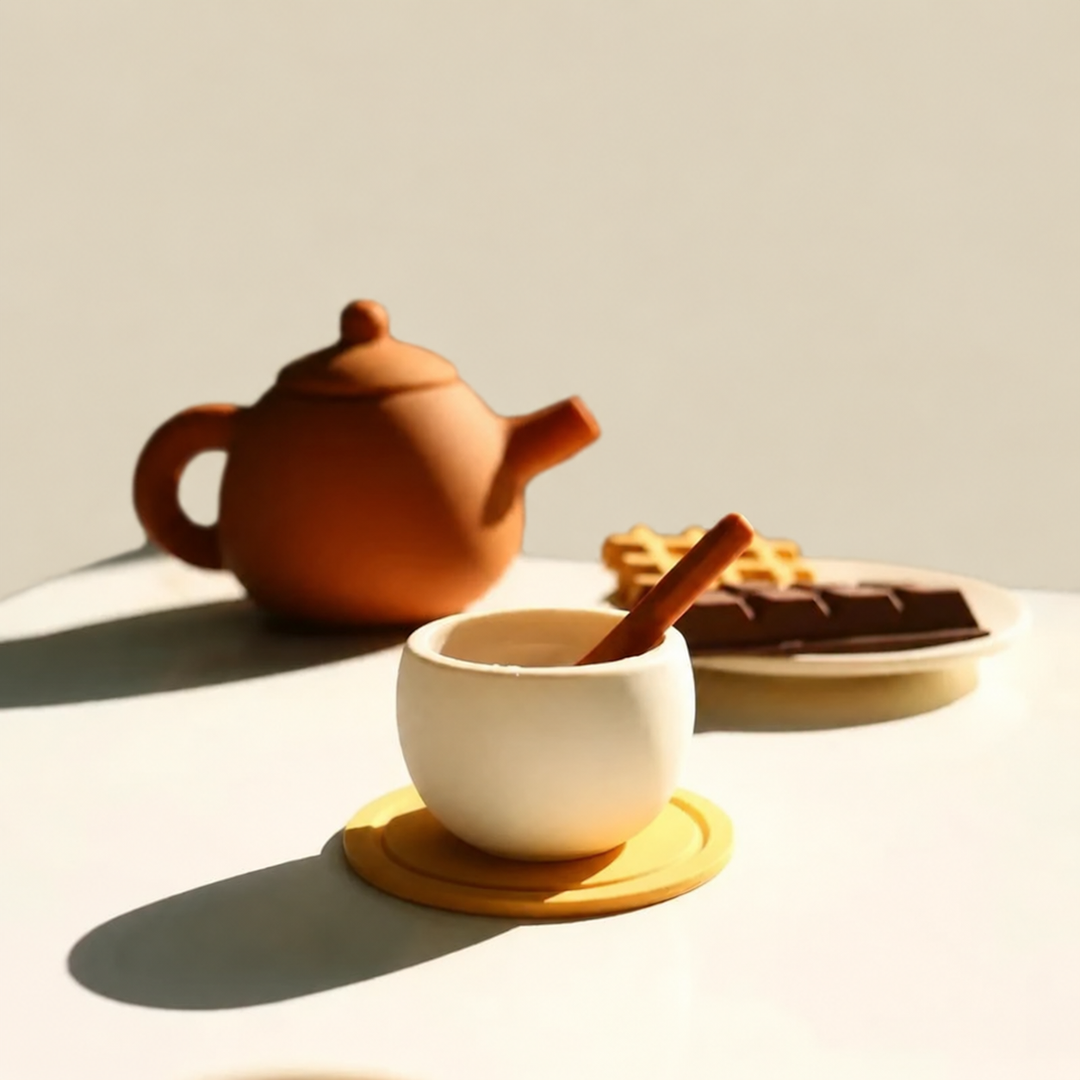 Cream play teacup with an orange spoon beside a teapot and a plate of pretend treats