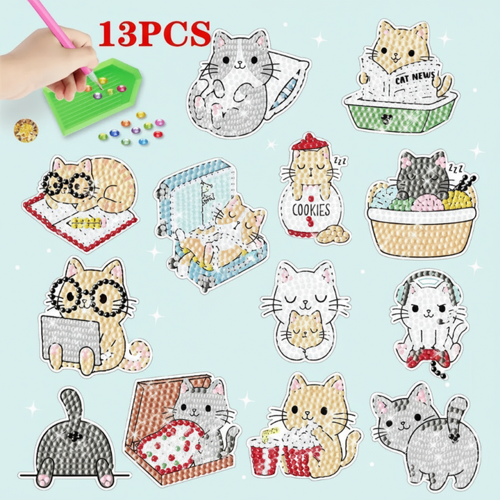 13-piece cat diamond painting sticker set with playful poses and accessories