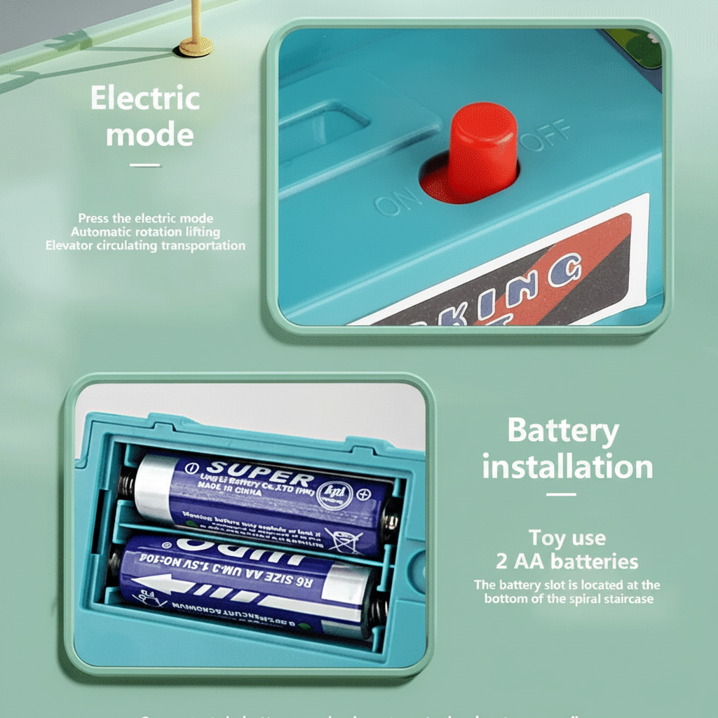 Red electric-mode switch and a compartment for two AA batteries on the playset.