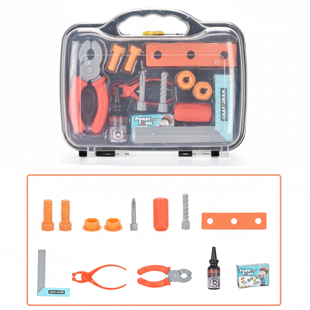 Plier Set with carrying case and a layout of the included toy tools and hardware