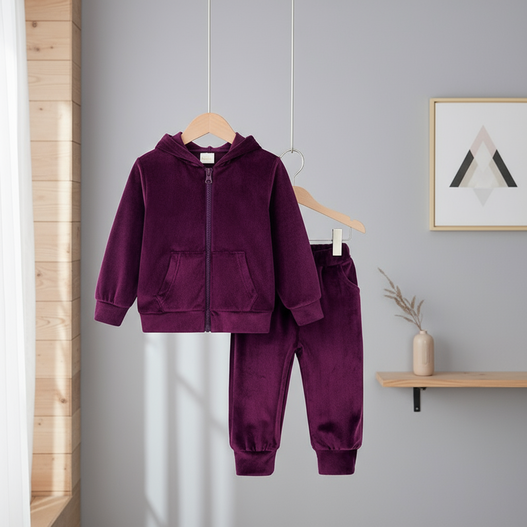 Plum hooded zip-up jacket and matching jogger pants hanging together